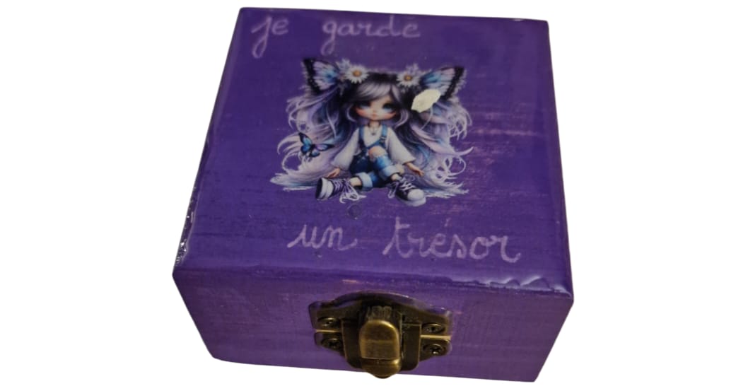 Boîte en bois violette « Je garde un trésor » – Esprit Féérique
