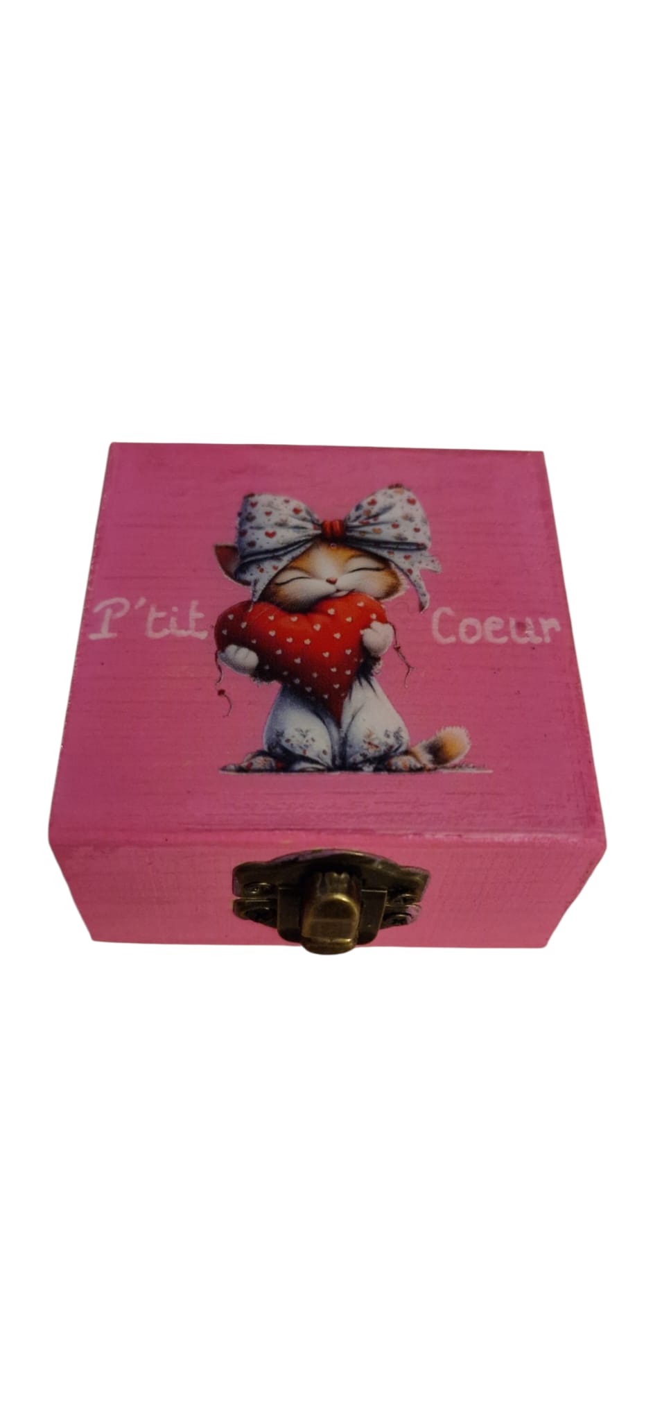 Boîte en bois rose « P’tit Cœur » – Chaton Amour