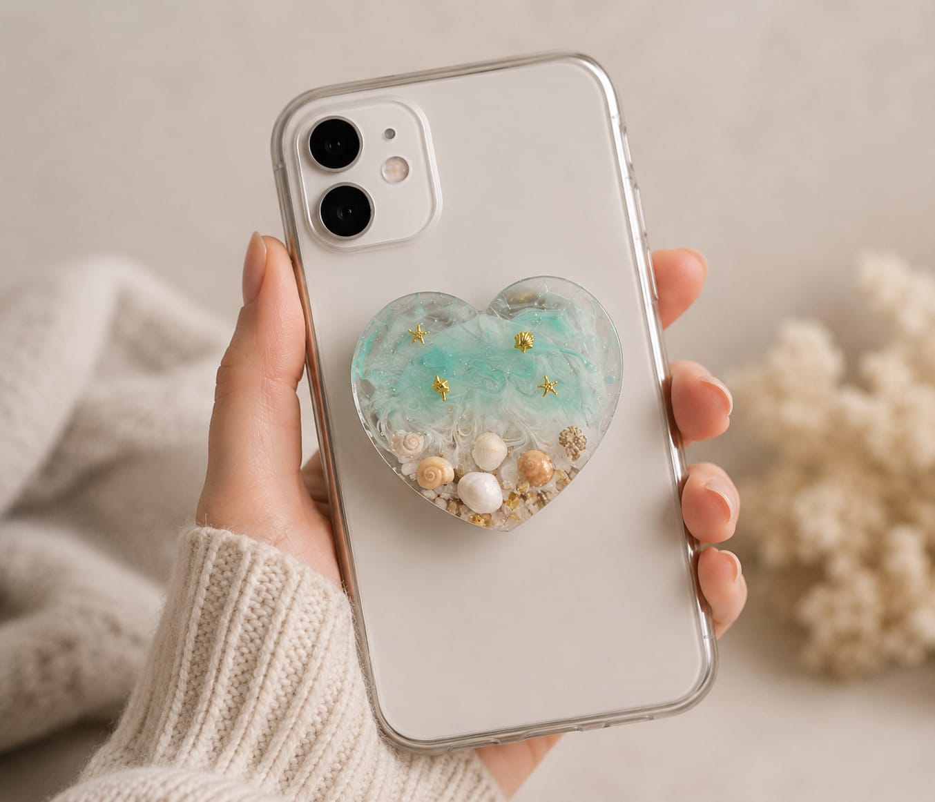 Phone Grip Cœur Océan – Support de Téléphone en Résine Artisanale